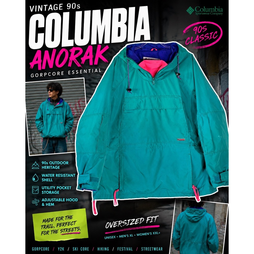 Vintage Columbia Sportswear Anorak Pullover Mens XL Teal Pink Blue 90s Gorpcore